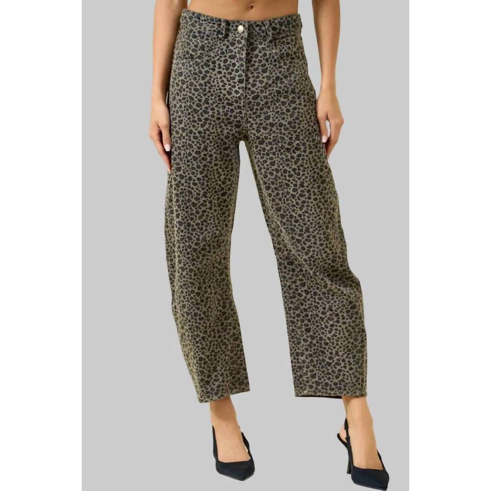 NEW DOE AND RAE high rise barrel leg jeans in tan leopard